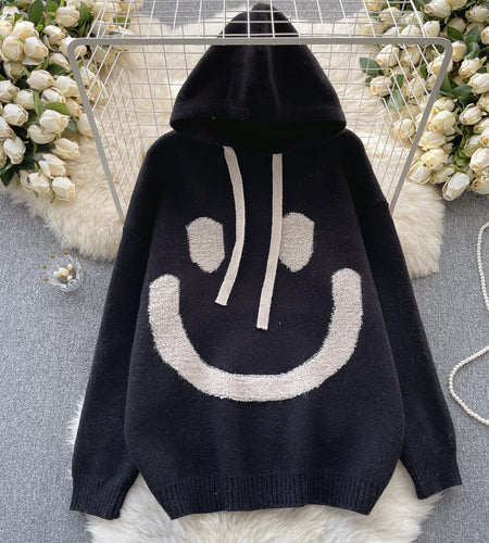 Women Patchwork Smiling Face Pullover Sweater Korean Loose Long Sleeve Casual Autumn Winter Thick Warm Knitted Hooded Tops Trend