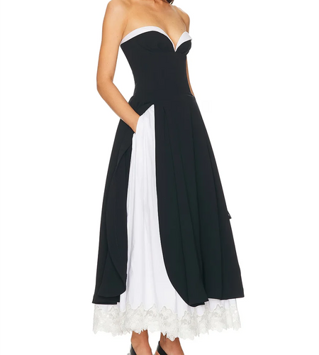 Hit Color Spliced Lace Minimalist Long Dresses for Women Strapless Sleeveless High Waist Elegant Dress Female New