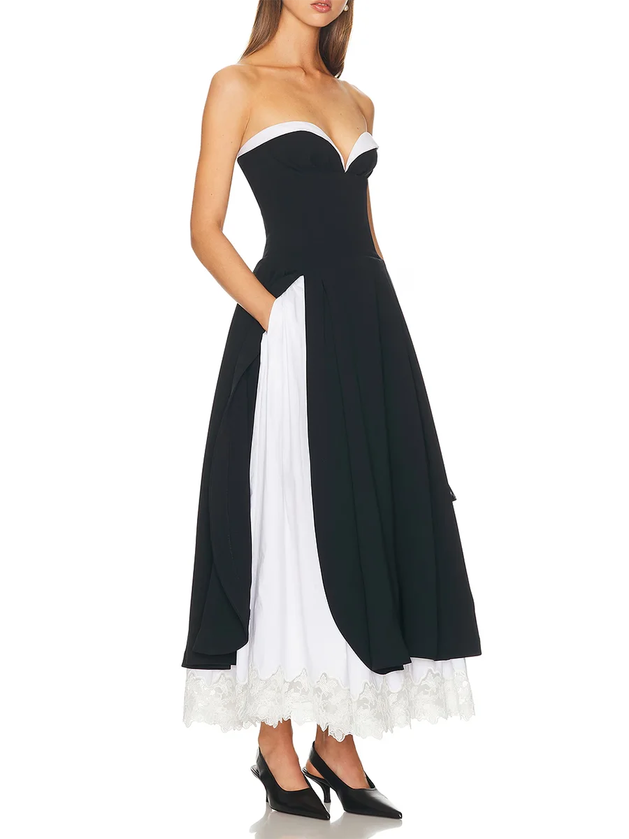 Hit Color Spliced Lace Minimalist Long Dresses for Women Strapless Sleeveless High Waist Elegant Dress Female New