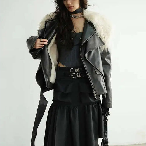 Load image into Gallery viewer, Black Thick Big Size Vintage PU Leather Jacket New Fur Collar Long Sleeve Women Coat Fashion Spring Autumn 2025 1DH8266
