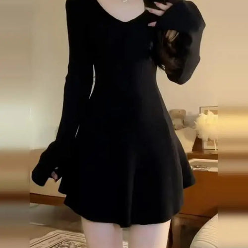 Load image into Gallery viewer, Women's Spring Autumn Vintage Black Flared Long Sleeved Knitted Short Dress Khaki V-neck High Waist Slim Pleated Mini Dress Chic
