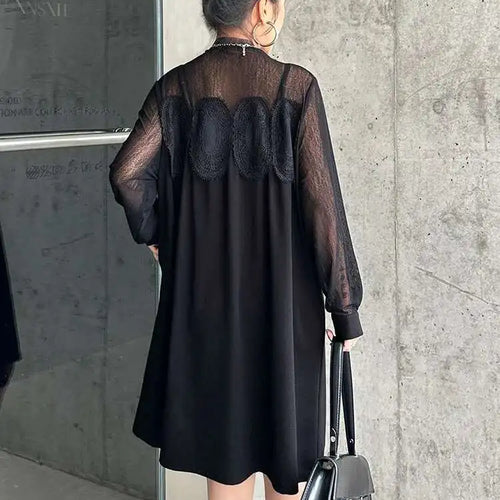 Load image into Gallery viewer, Women Black Mesh Lace Big Size Elegant Knee-Length Dress New Turtleneck Long Sleeve Fashion Spring Autumn 2025 1DH8734
