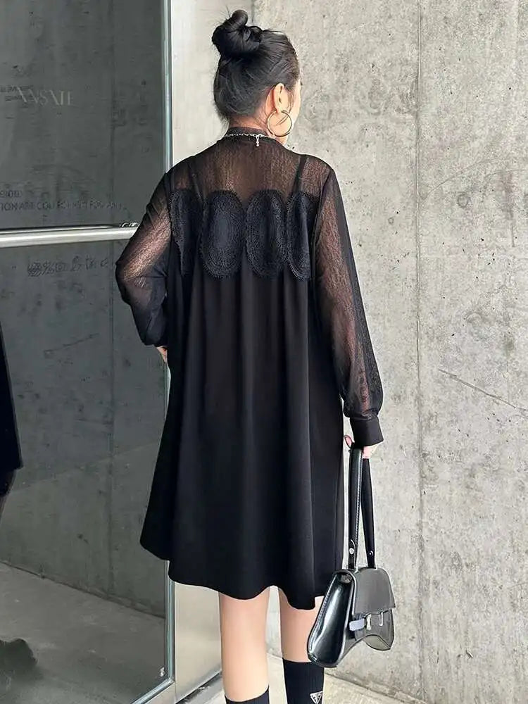 Women Black Mesh Lace Big Size Elegant Knee-Length Dress New Turtleneck Long Sleeve Fashion Spring Autumn 2025 1DH8734