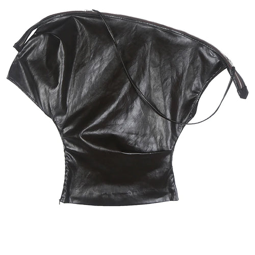 Load image into Gallery viewer, Women Brown Pu Leather 2 Ways Wear T-shirt New Asymmetrical Collar Short Sleeve Fashion Tide Spring Autumn 2025 1DH9374
