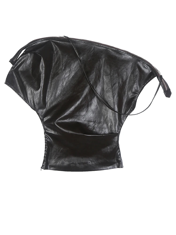 Women Brown Pu Leather 2 Ways Wear T-shirt New Asymmetrical Collar Short Sleeve Fashion Tide Spring Autumn 2025 1DH9374