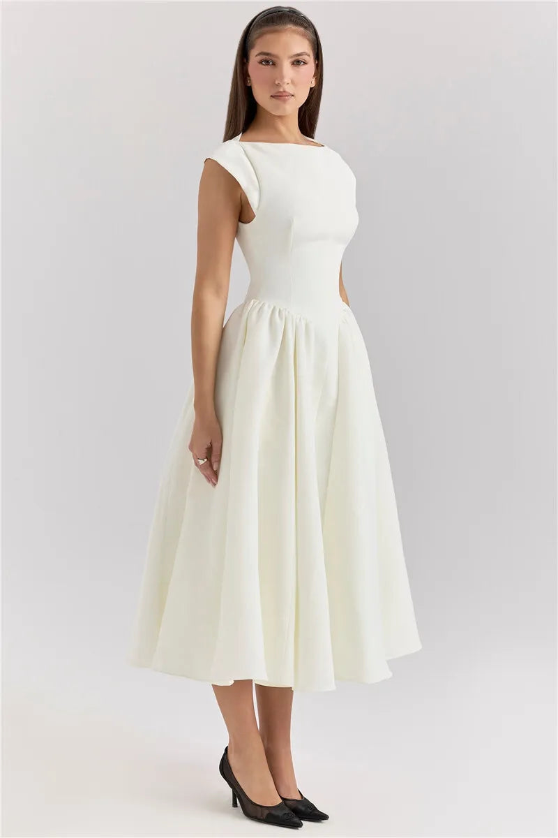 White Backless A-line Sexy Maxi Dress For Women Gown Solid Hollow Out Sleeveless High Waist Club Pleated Dress Elegant