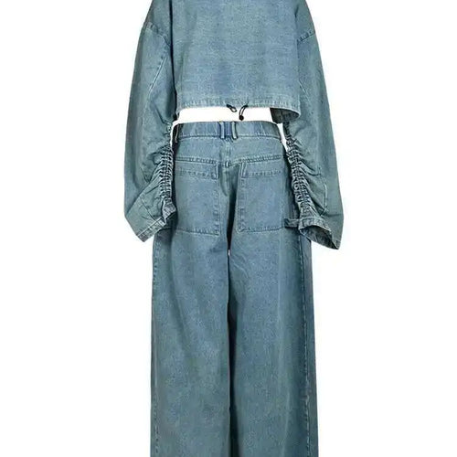 Load image into Gallery viewer, Blue Denim Jacket Big Size Wide Leg Pants Two Piece Suit New Stand Collar Women Fashion Tide Spring Autumn 2025 CPG0370
