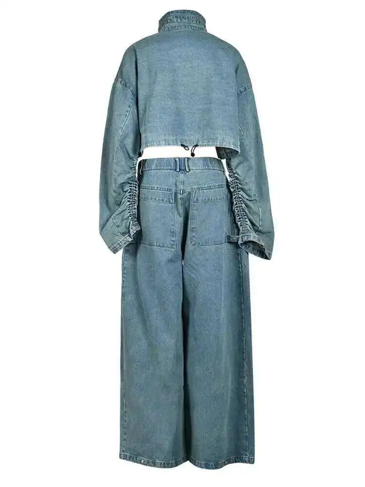 Blue Denim Jacket Big Size Wide Leg Pants Two Piece Suit New Stand Collar Women Fashion Tide Spring Autumn 2025 CPG0370