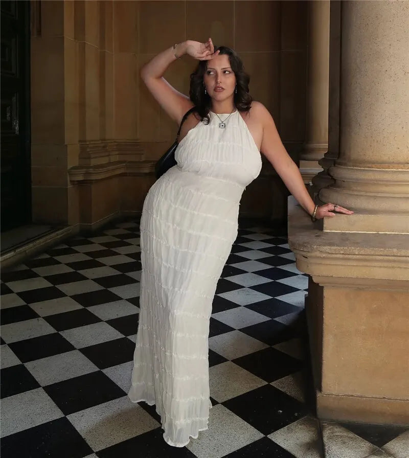 Halter Backless Sexy Maxi Dress For Women Spring Summer New Lace-up Sleeveless Pleated Beach Holiday Long Dress Elegant