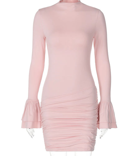 Fall Elegant Solid O Neck Long Flare Sleeve Sexy Ruched Mini Pleated Dress Women Y2K Outfits Evening Party Vacation