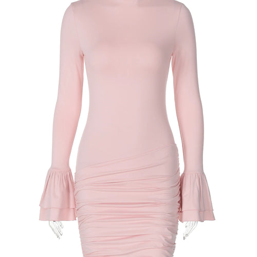 Load image into Gallery viewer, Fall Elegant Solid O Neck Long Flare Sleeve Sexy Ruched Mini Pleated Dress Women Y2K Outfits Evening Party Vacation
