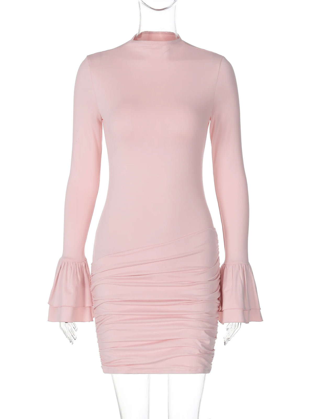 Fall Elegant Solid O Neck Long Flare Sleeve Sexy Ruched Mini Pleated Dress Women Y2K Outfits Evening Party Vacation