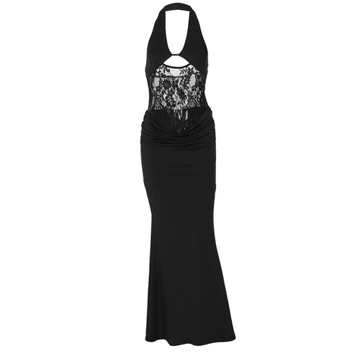Load image into Gallery viewer, Sheer Lace Hollow Out Sexy Maxi Dress For Women Gown Halter Deep V Neck Sleeveless Backless Bodycon Long Dress
