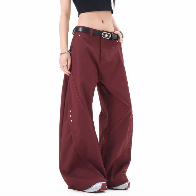 Male Suit Pants American Rivet Curved Knife Trousers Trendy Soid Color Bottoms Loose Design Casual Wide Leg Pant 9W1200