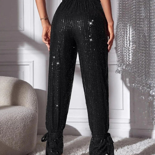 Load image into Gallery viewer, Patchwork Sequins Casual Solid Floor Length Trousers For Women High Waist Spliced Lace Up Loose Pencil Pants Female Style
