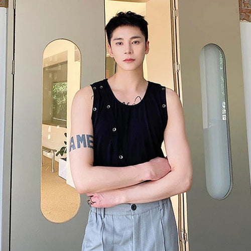 Load image into Gallery viewer, Summer Tight Fitting Vest Round Neck Sleeveless Men&#39;s Tank Top Personalized Button Shoulderless Fashion Solid Color 9C5330
