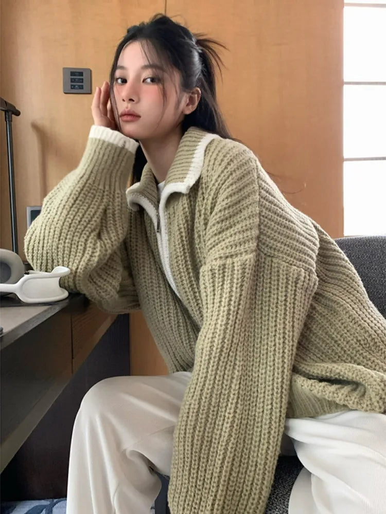 2025 Preppy Contrast Color Cardigans Women Fashion Y2k Aesthetic Loose Knitted Sweaters New Harajuku Casual Single Brested Coat