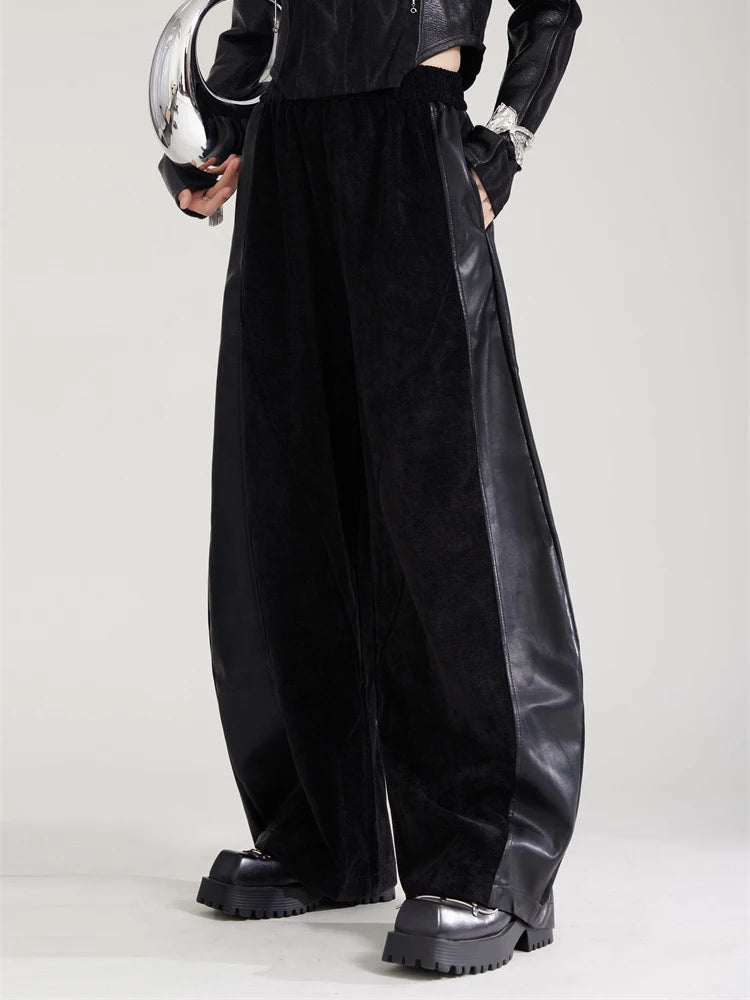 High Elastic Waist Coffee Pu Leather Spliced Wide Leg Pants New Trousers Women Fashion Tide Spring Autumn 2025 1DH8028