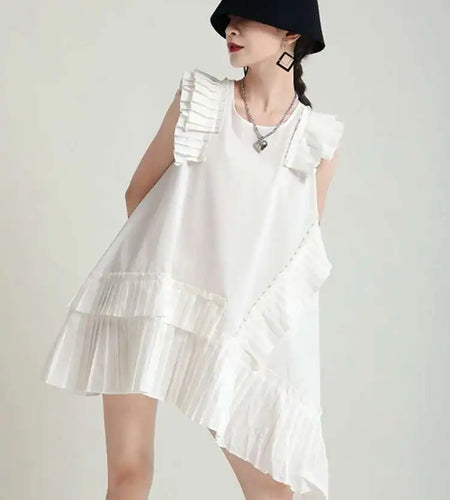 Women White Irregular Pleated Big Size Elegant Dress New Round Neck Sleeveless Fashion Tide Spring Summer 2025 1DH5375