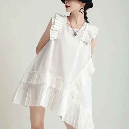 Load image into Gallery viewer, Women White Irregular Pleated Big Size Elegant Dress New Round Neck Sleeveless Fashion Tide Spring Summer 2025 1DH5375

