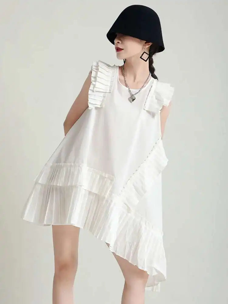 Women White Irregular Pleated Big Size Elegant Dress New Round Neck Sleeveless Fashion Tide Spring Summer 2025 1DH5375