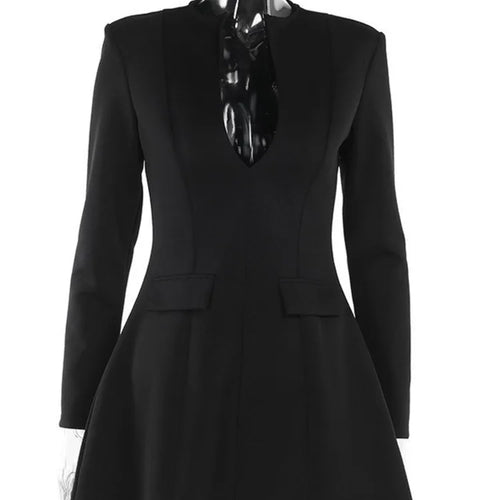 Load image into Gallery viewer, Autumn Long Sleeve Sexy Mini Dress For Women Solid Zipper Deep V Neck Two Pocket High Waist A-line Dress Femme Clothes
