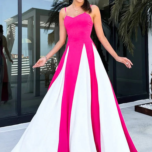 Load image into Gallery viewer, Patchwork Spaghetti Strap Maxi Dress For Women Color Contrast Slipdress Ladies Sleeveless Backless Loose Long Dress
