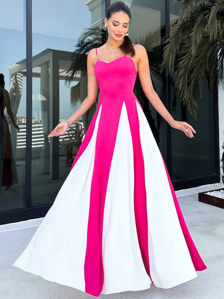 Patchwork Spaghetti Strap Maxi Dress For Women Color Contrast Slipdress Ladies Sleeveless Backless Loose Long Dress