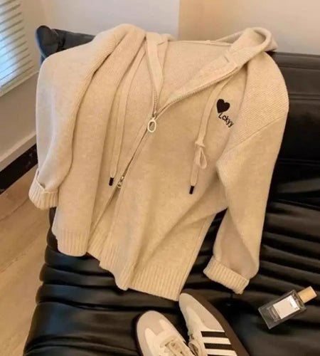 Korean New Women Beige Heart Shaped Embroidered Long Sleeve Zipper Cardigan Sweater Autumn Winter Holiday Hooded Knitwears Tops