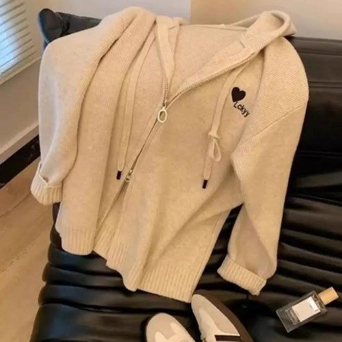Load image into Gallery viewer, Korean New Women Beige Heart Shaped Embroidered Long Sleeve Zipper Cardigan Sweater Autumn Winter Holiday Hooded Knitwears Tops
