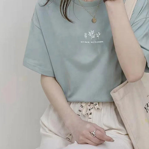 Load image into Gallery viewer, Korean Style Round Neck T-shirt Women's Summer Loose Fit Plant Printing Casual Solid Color Short Sleeves Top For Students

