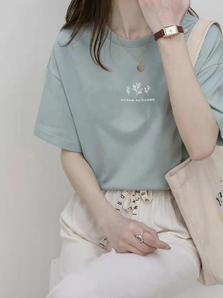 Korean Style Round Neck T-shirt Women's Summer Loose Fit Plant Printing Casual Solid Color Short Sleeves Top For Students