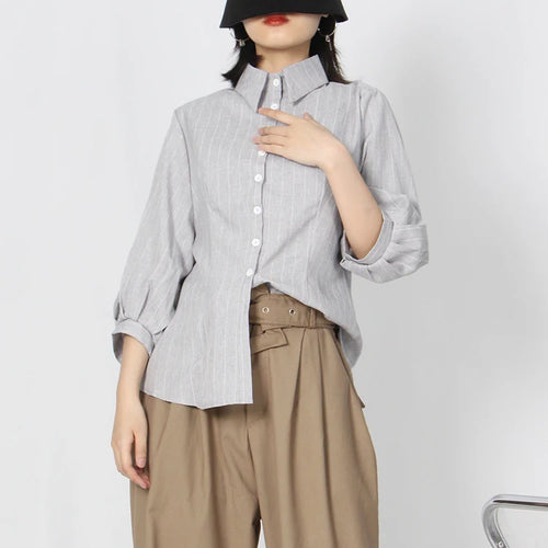 Load image into Gallery viewer, Slim Striped Shirt For Women Bowknot Collar Puff Sleeve Colorblock Button Through Blouse Female Clothes Fashion
