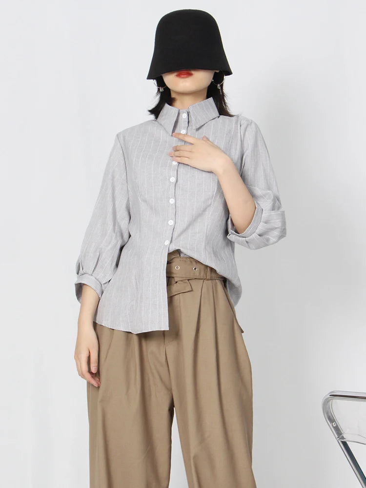 Slim Striped Shirt For Women Bowknot Collar Puff Sleeve Colorblock Button Through Blouse Female Clothes Fashion