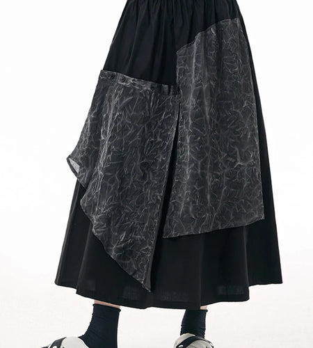 Colorblock Patchwork Folds A Line Skirt For Women High Waist Spliced Pocket Streetwear Skirts Female Fashion