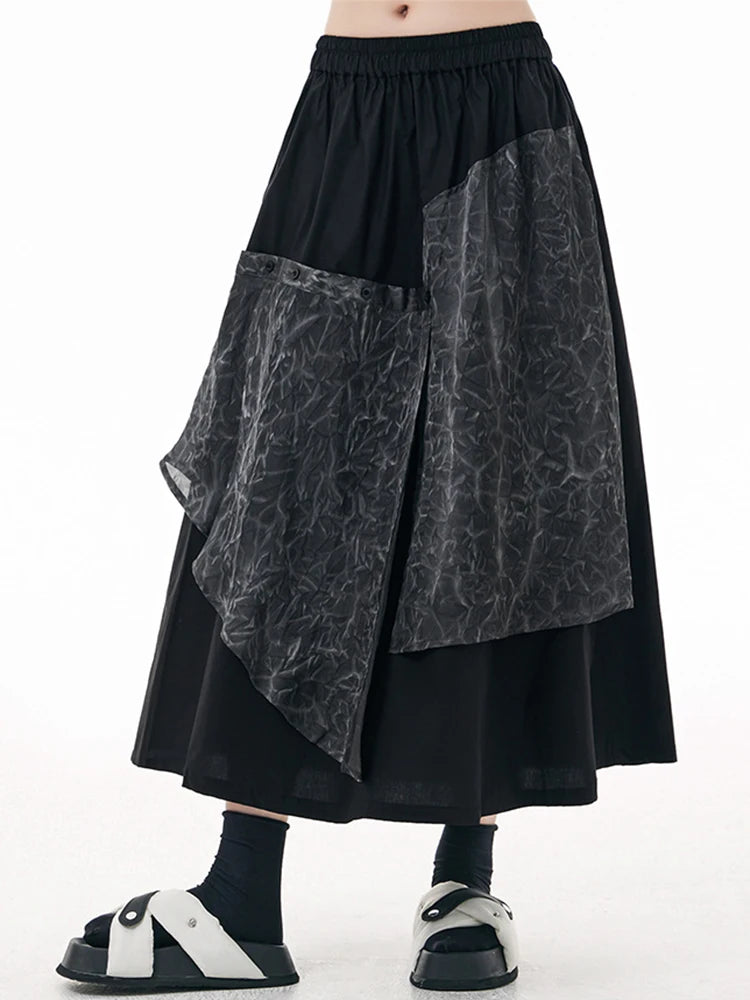 Colorblock Patchwork Folds A Line Skirt For Women High Waist Spliced Pocket Streetwear Skirts Female Fashion