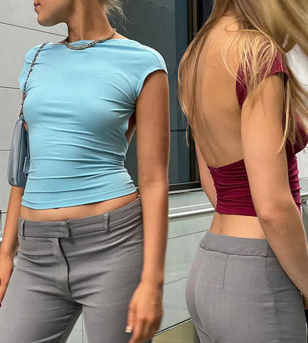 Short Sleeve Backless Tops Women Multi Ways Wear 2024 Skinny Basic Summer Slim Cropped Cut Out Sexy T Shirt Crop Top