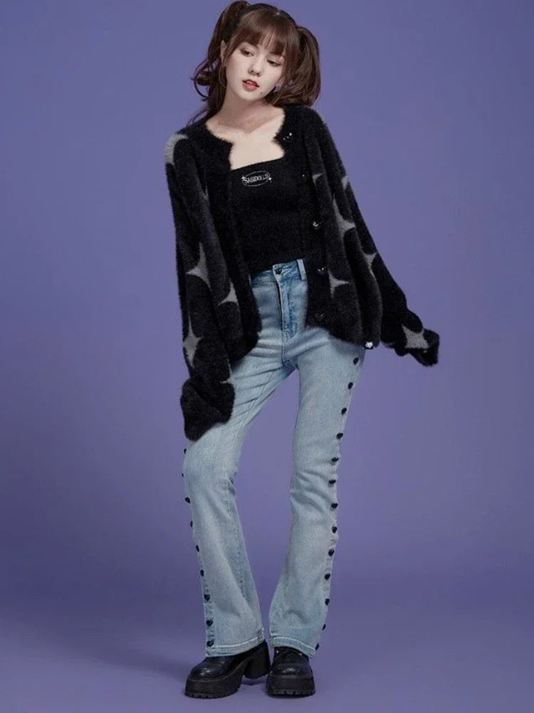 Korean Fashion Black Sweaters Women Star Print Cashmere Cardigan Y2k  Knitted Coats Female Cardigans All Match Sueter Oversized