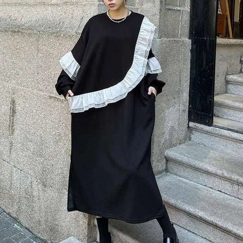 Load image into Gallery viewer, Women Black Ruffles Spliced Big Size Long Casual Dress New Round Neck Long Sleeve Fashion Tide Spring Autumn 2025 1DH7701
