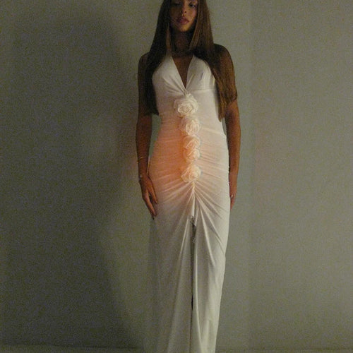 Load image into Gallery viewer, White Floral Ruched Sexy Maxi Dress For Women Gown Halter Deep V Neck Sleeveless Ruffled Bodycon Club Long Dress
