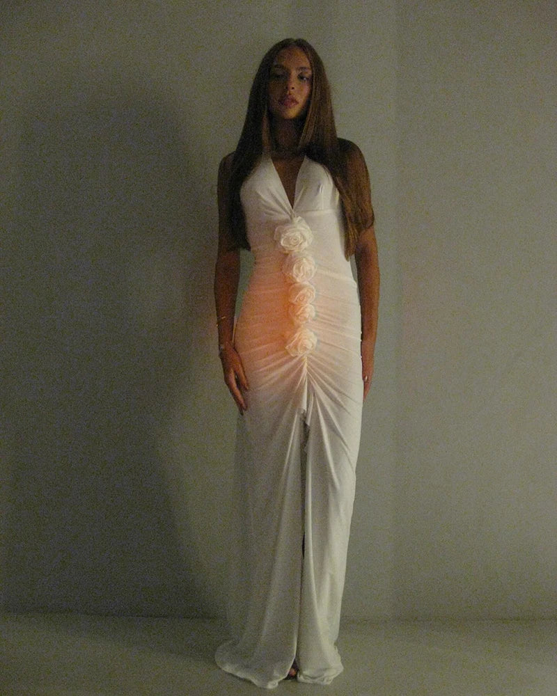 White Floral Ruched Sexy Maxi Dress For Women Gown Halter Deep V Neck Sleeveless Ruffled Bodycon Club Long Dress