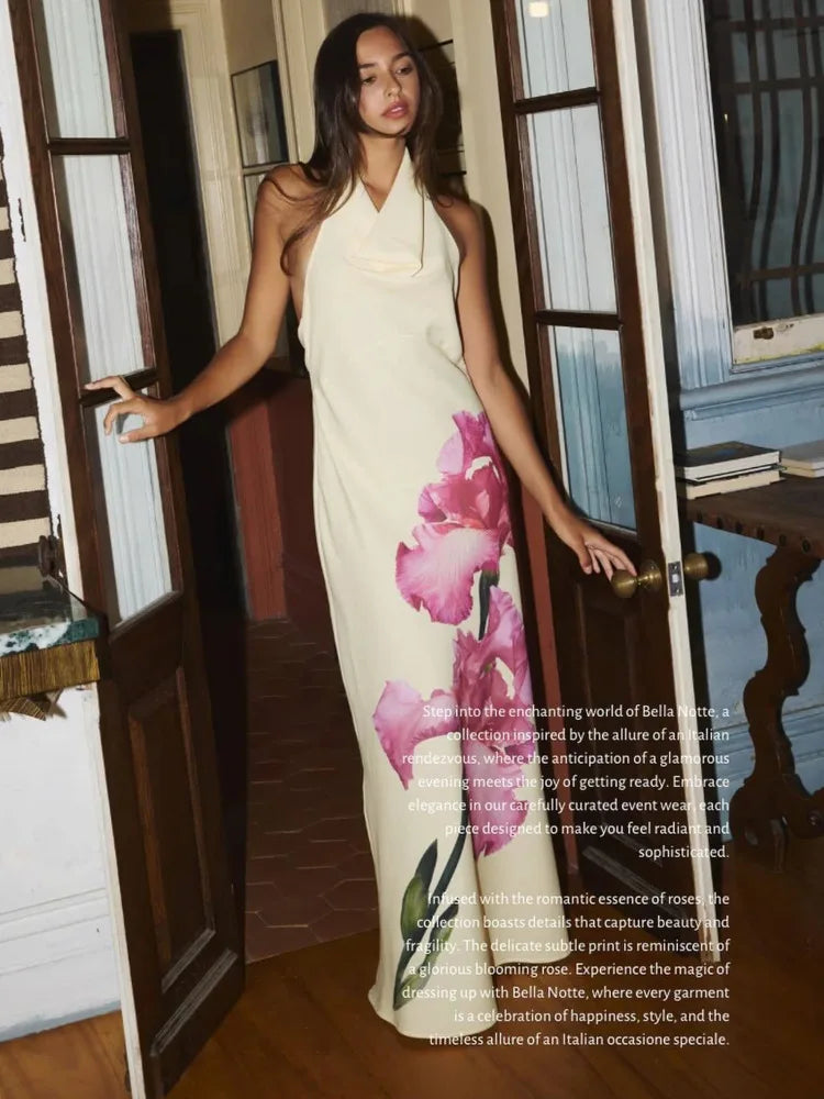 Sexy Backless Printed Swing Neck Dress For Women Slim Elegant Evening Dress Female Classical Temperament Maxi Party 2024