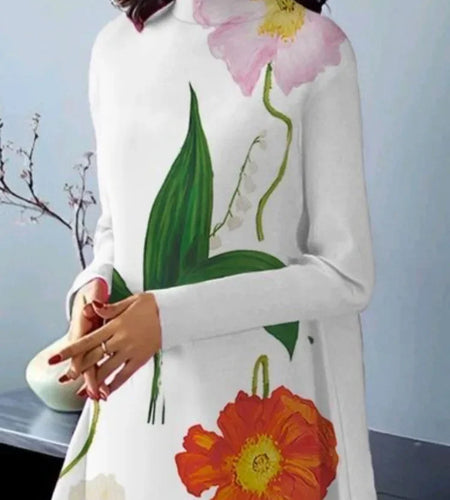 Autumn Fall Long Sleeves Dress for Female 2024 Clothes High Neck Printed Elegant Party Evening Flower Midi Dresses