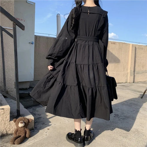 Load image into Gallery viewer, Gothic Style Dress Women Harajuku Gothic Lolita Goth Kawaii Dress Punk Cute Long Sleeve Black Midi Dress Emo Oversize
