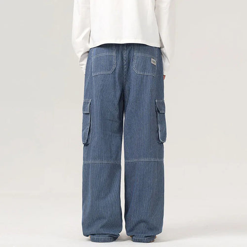 Load image into Gallery viewer, Striped Men's Denim Pants New American Straight Denim Pants Hign Street Multi Pockets Desgin Spliced Retro Trousers 9W1557
