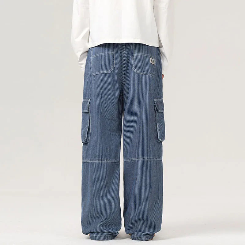 Striped Men's Denim Pants New American Straight Denim Pants Hign Street Multi Pockets Desgin Spliced Retro Trousers 9W1557