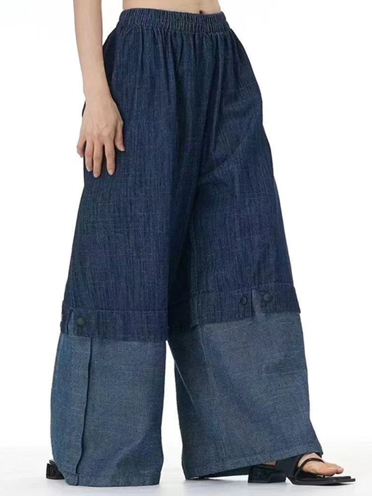 High Waist Balck Fold Tassels Color-block Denim Wide Leg Jeans New Women Trousers Fashion Tide Spring Autumn 2025 1DJ0462