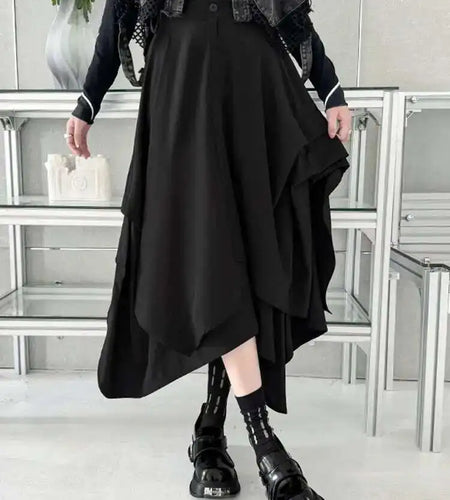 High Waist Black pleated Irregular A-line Half-body Skirt Women Loose Fit Fashion Tide New Spring Autumn 2025 1DH4346