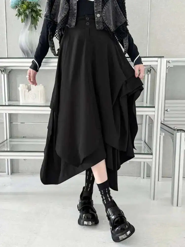 High Waist Black pleated Irregular A-line Half-body Skirt Women Loose Fit Fashion Tide New Spring Autumn 2025 1DH4346