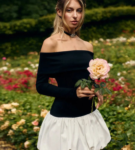 Off-shoulder Long Sleeve Sexy Mini Dress For Women Contrast Color Patchwork Strapless Backless A-line Sexy Dress